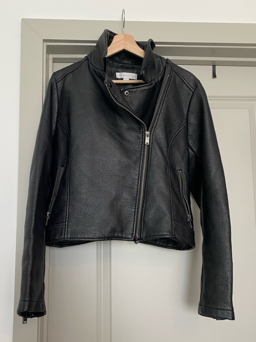 New York & Company Black Faux Leather Asymmetrical Zip Jacket